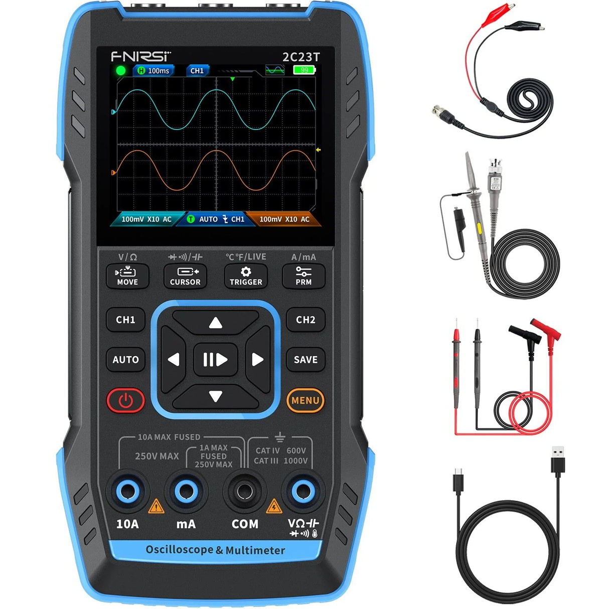 FNIRSI® 2C23T Handheld Dual Channel 3-in-1 10MHz 50MS/s Oscilloscope Multimeter DDS Function Generator