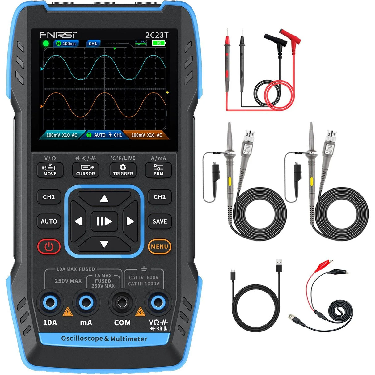 FNIRSI® 2C23T Handheld Dual Channel 3-in-1 10MHz 50MS/s Oscilloscope Multimeter DDS Function Generator
