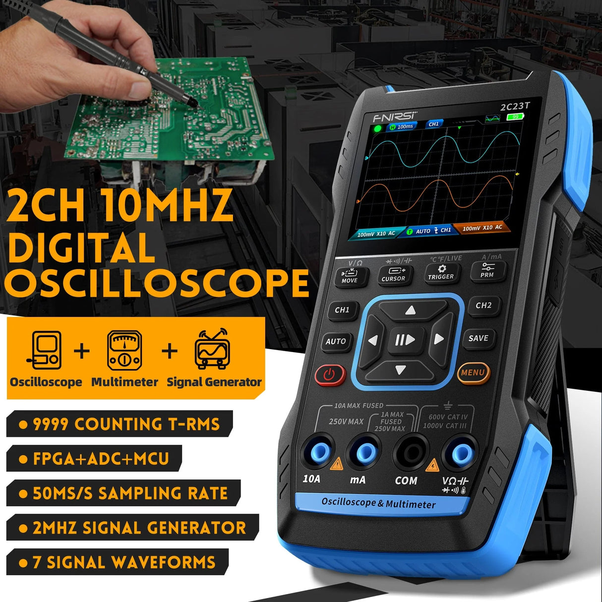 FNIRSI® 2C23T Handheld Dual Channel 3-in-1 10MHz 50MS/s Oscilloscope Multimeter DDS Function Generator