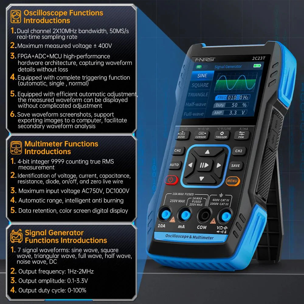 FNIRSI® 2C23T Handheld Dual Channel 3-in-1 10MHz 50MS/s Oscilloscope Multimeter DDS Function Generator