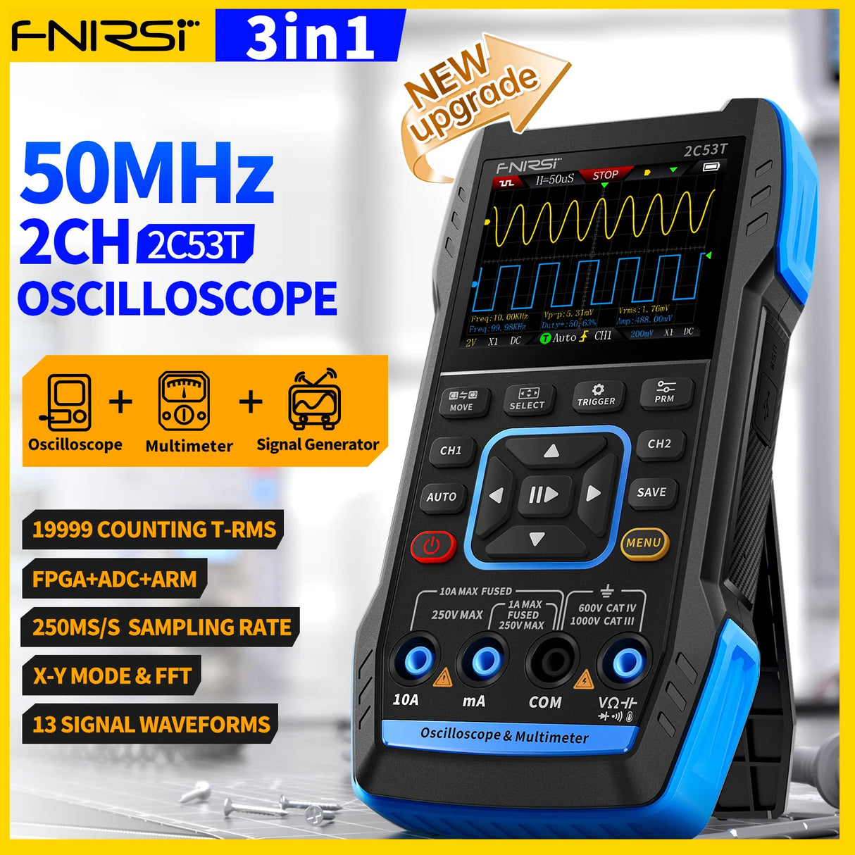 FNIRSI® 2C53T 50MHz 250MS/s Handheld 3in1 Oscilloscope Multimeter Signal Generator