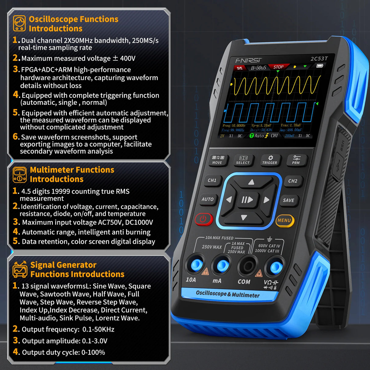 FNIRSI® 2C53T 50MHz 250MS/s Handheld 3in1 Oscilloscope Multimeter Signal Generator