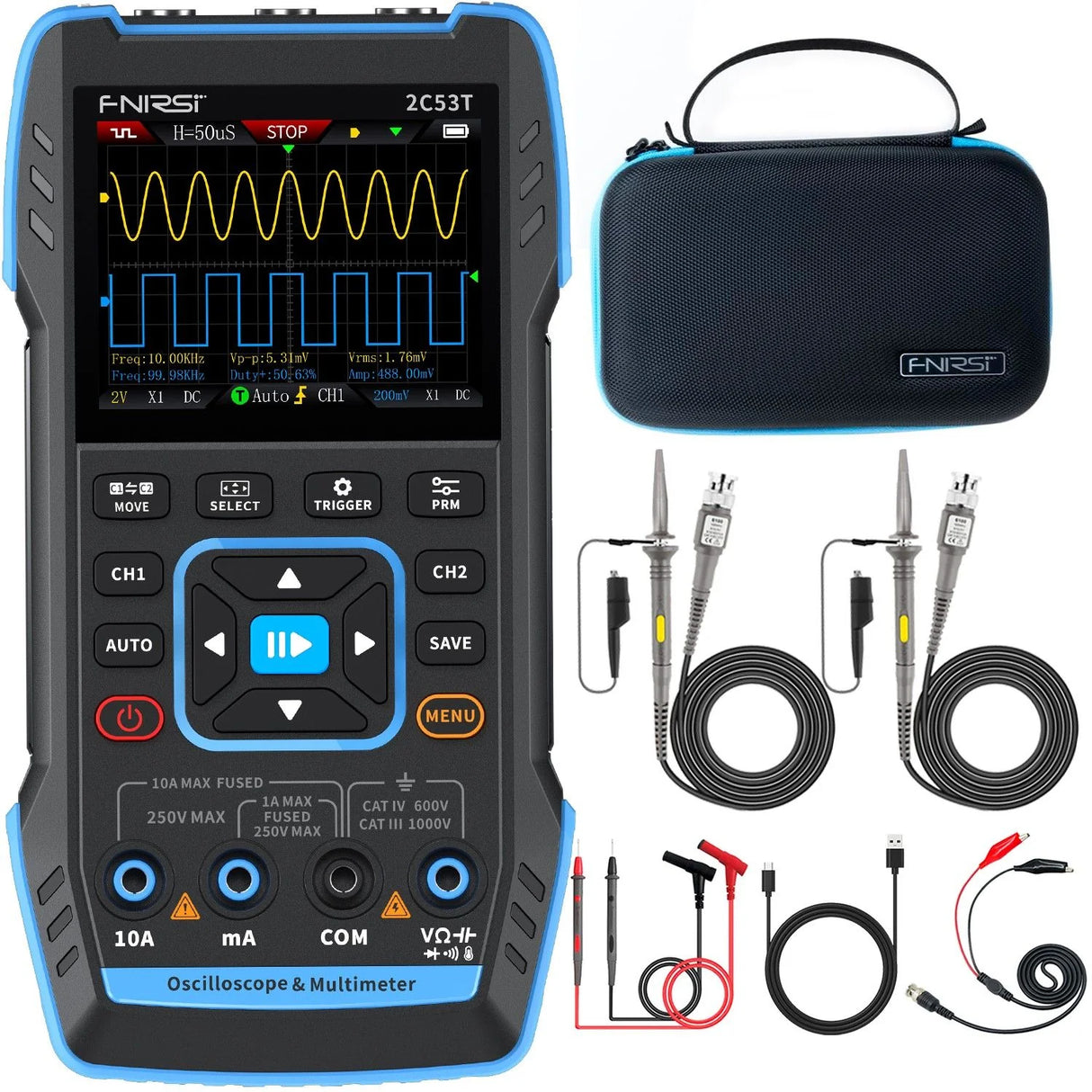 FNIRSI® 2C53T 50MHz 250MS/s Handheld 3in1 Oscilloscope Multimeter Signal Generator