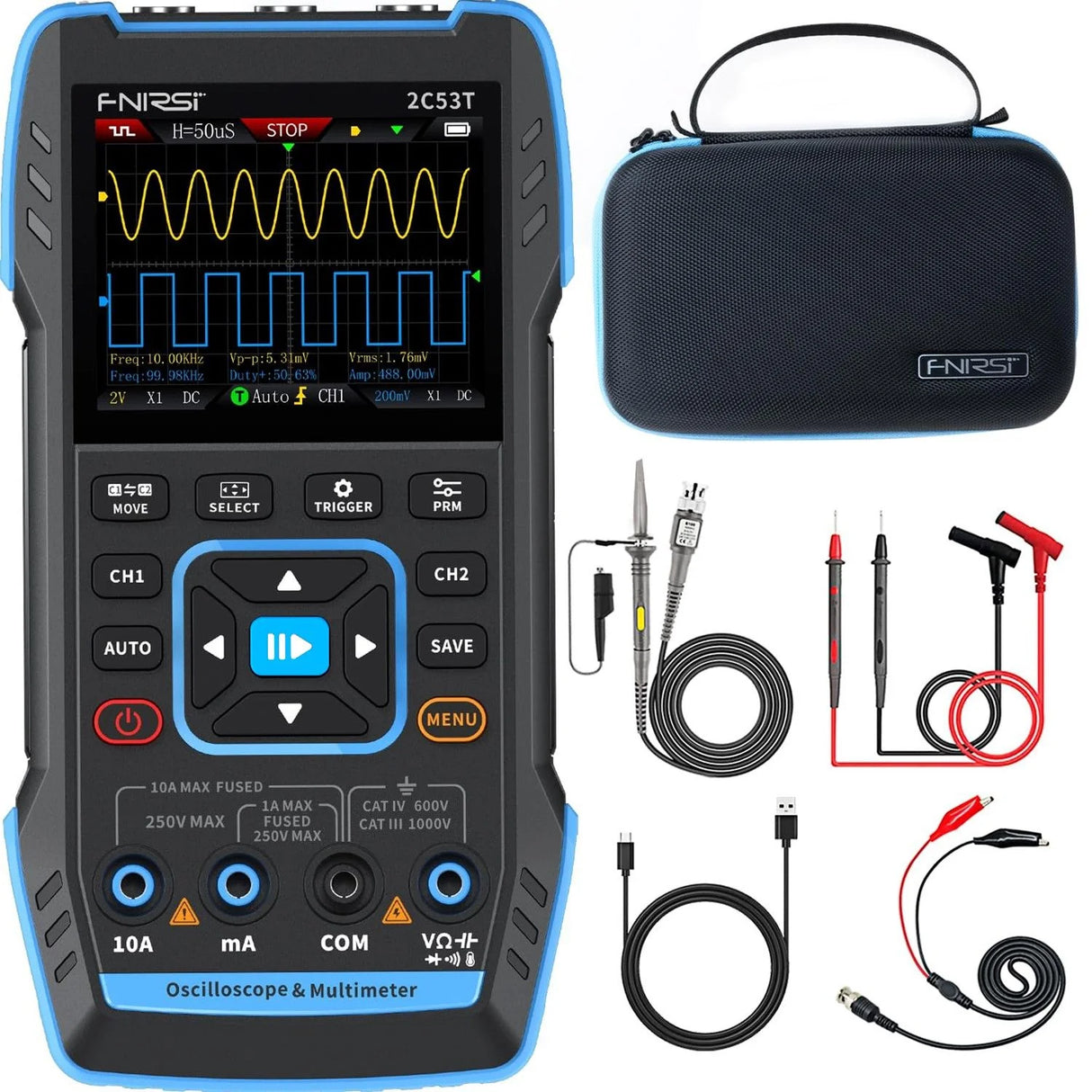 FNIRSI® 2C53T 50MHz 250MS/s Handheld 3in1 Oscilloscope Multimeter Signal Generator