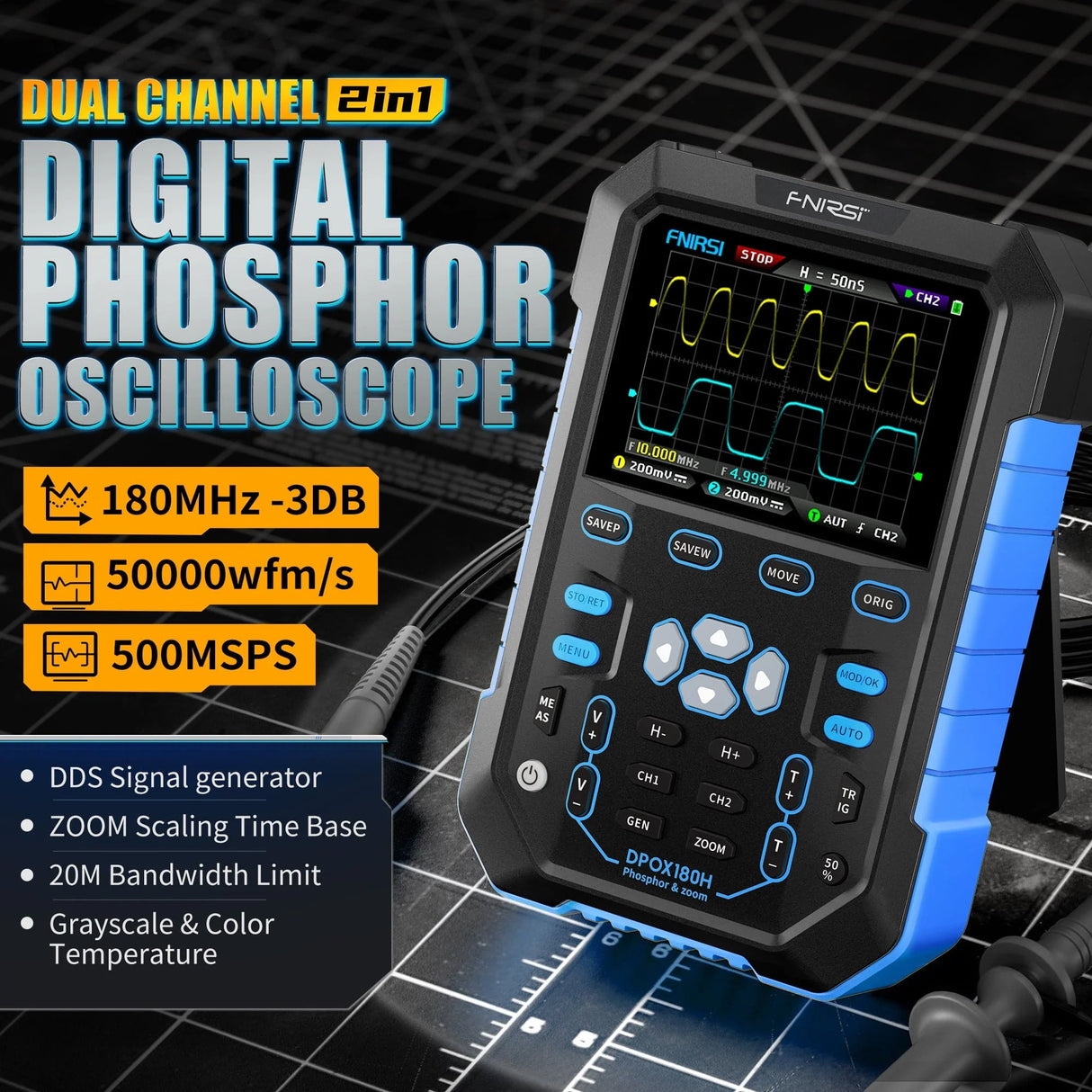 FNIRSI® DPOX180H 2-IN-1 Dual Channel 180MHz 500MS/s Digial Phosphor Oscilloscope Signal Generator