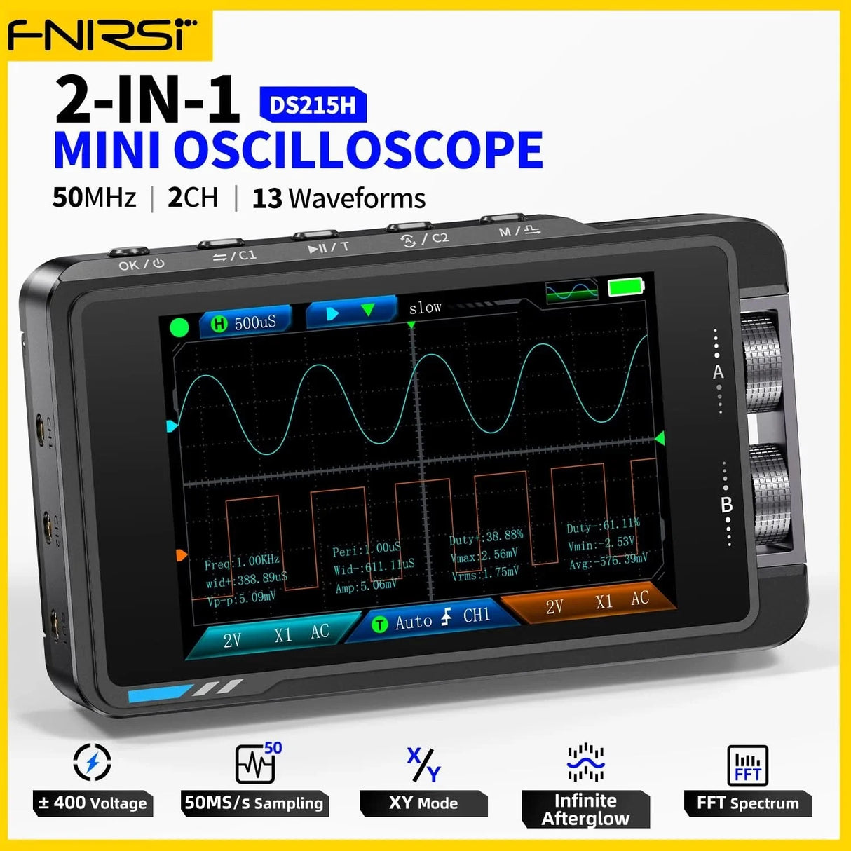 FNIRSI® DS215H 2-IN-1 50MHz 250MS/s Dual Channel Digital Oscilloscope DDS Function Singal Generator