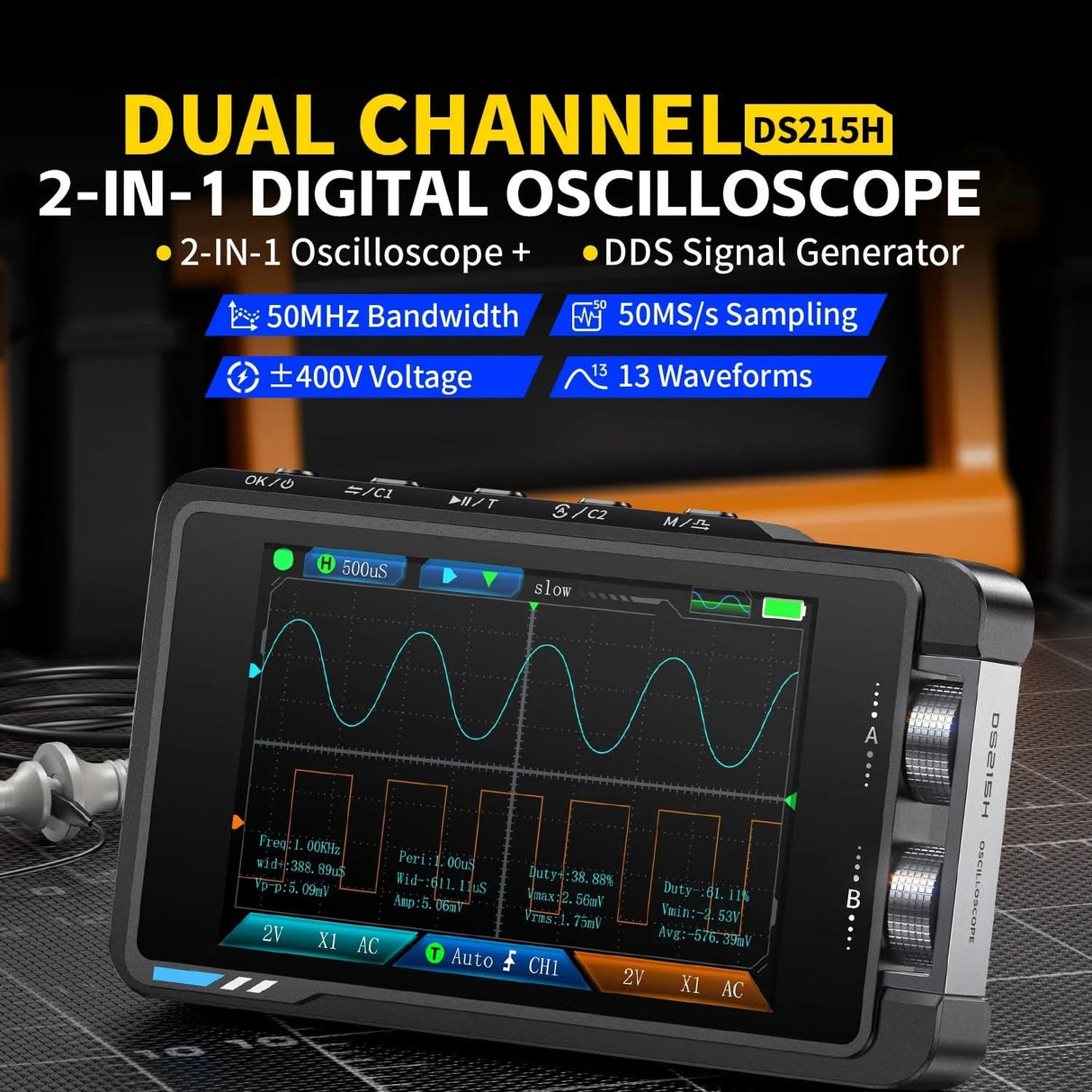 FNIRSI® DS215H 2-IN-1 50MHz 250MS/s Dual Channel Digital Oscilloscope DDS Function Singal Generator