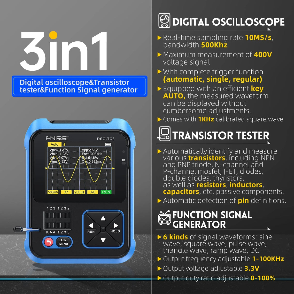 FNIRSI® DSO-TC3 3-IN-1 Handheld 500KHz 10MS/s Digital Oscilloscopes Signal Generator Transistor Tester