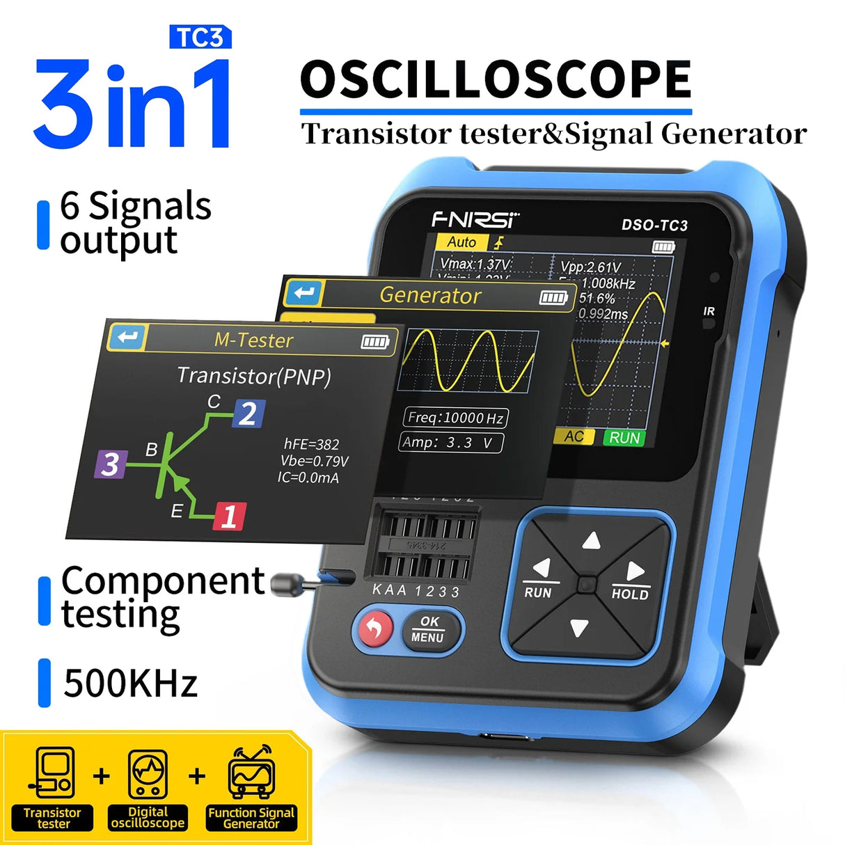 FNIRSI® DSO-TC3 3-IN-1 Handheld 500KHz 10MS/s Digital Oscilloscopes Signal Generator Transistor Tester