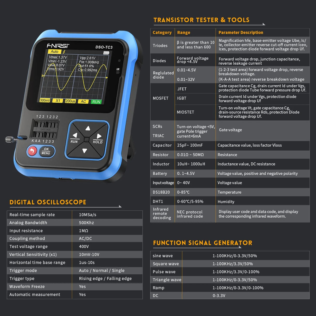 FNIRSI® DSO-TC3 3-IN-1 Handheld 500KHz 10MS/s Digital Oscilloscopes Signal Generator Transistor Tester