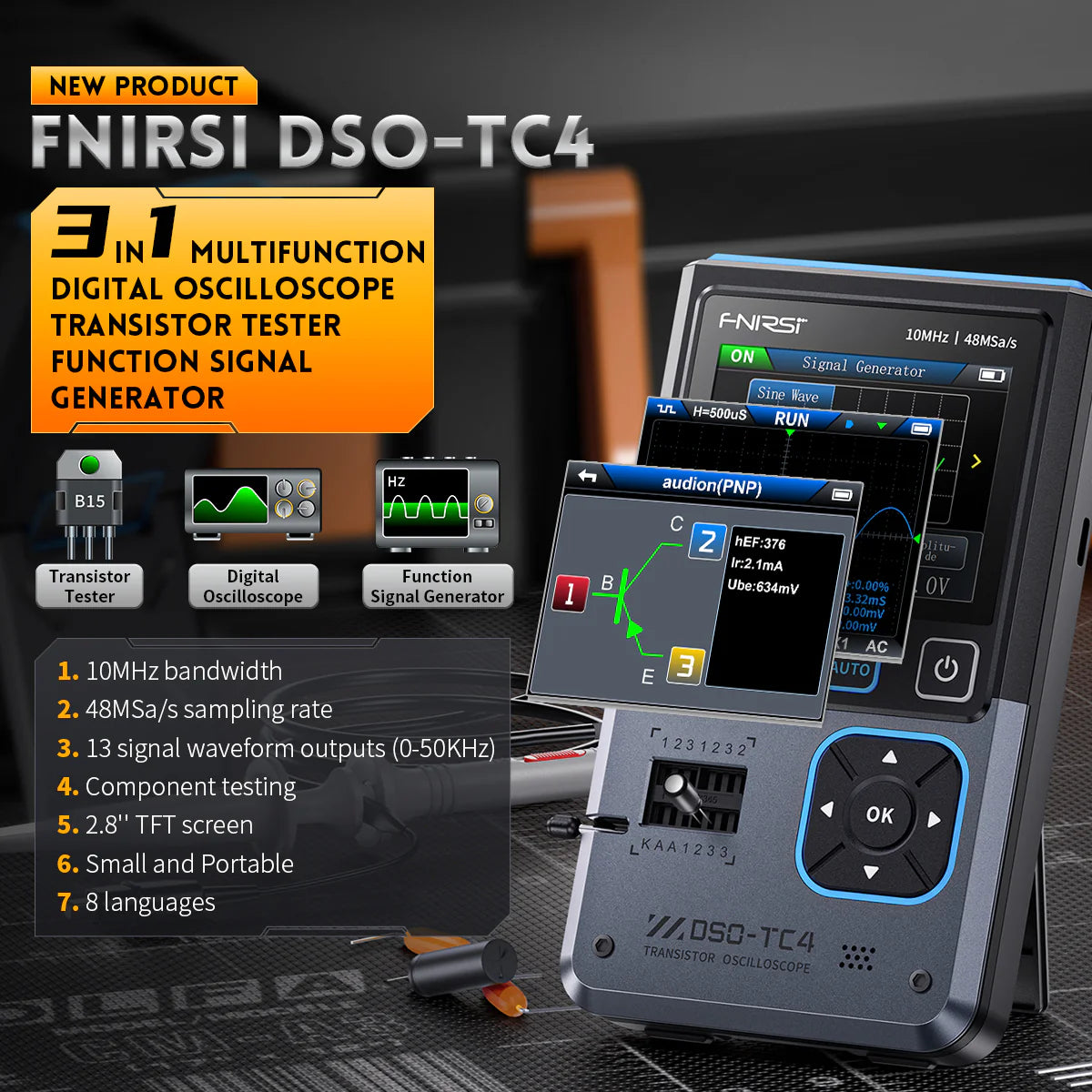 FNIRSI® DSO-TC4 3-IN-1 10MHz 48MSa/s Digital Oscilloscope Transistor Tester Signal Generator