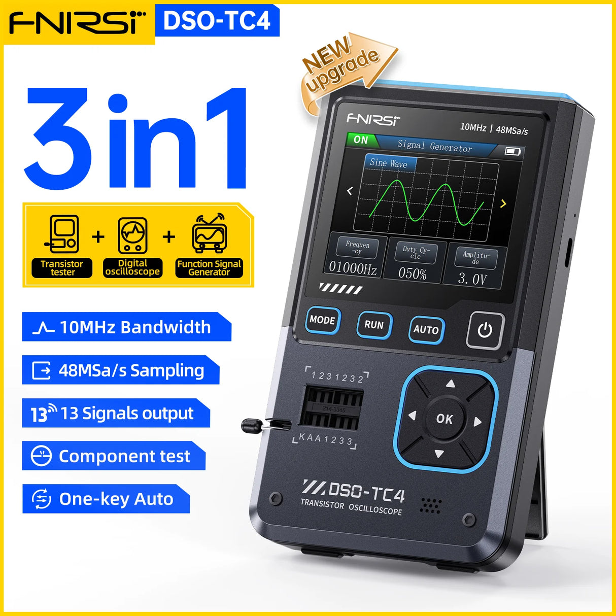 FNIRSI® DSO-TC4 3-IN-1 10MHz 48MSa/s Digital Oscilloscope Transistor Tester Signal Generator