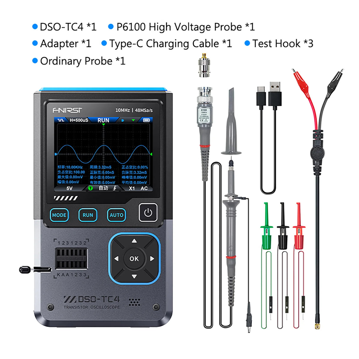 FNIRSI® DSO-TC4 3-IN-1 10MHz 48MSa/s Digital Oscilloscope Transistor Tester Signal Generator