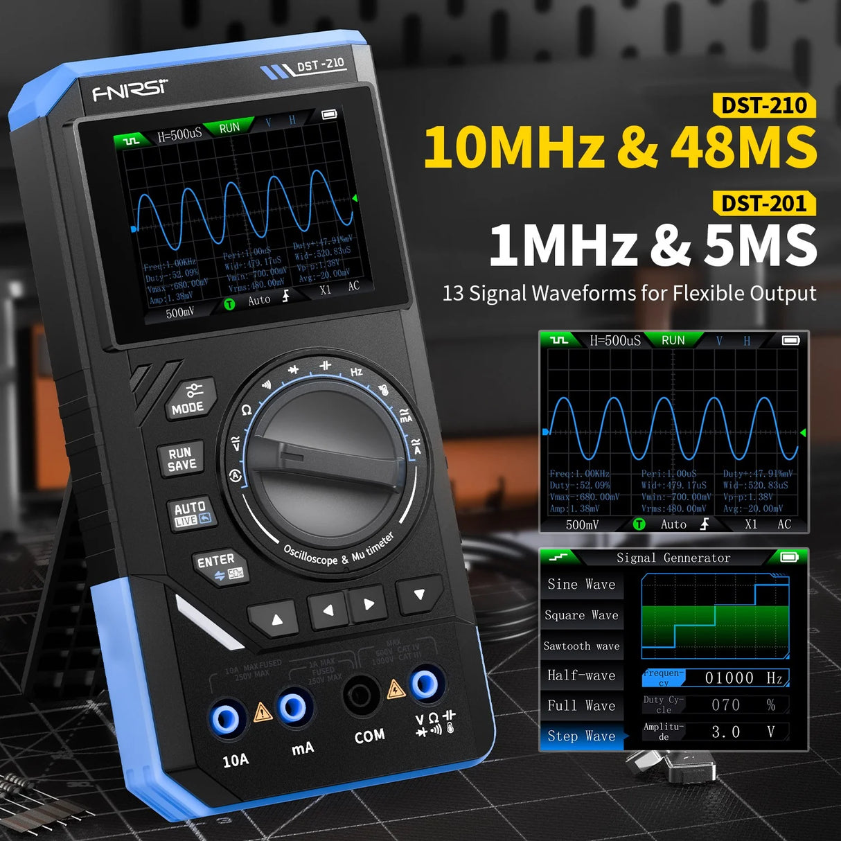 FNIRSI® DST-210 / DST-201 Handheld 3-IN-1 Multimeter Oscilloscope Signal Generator