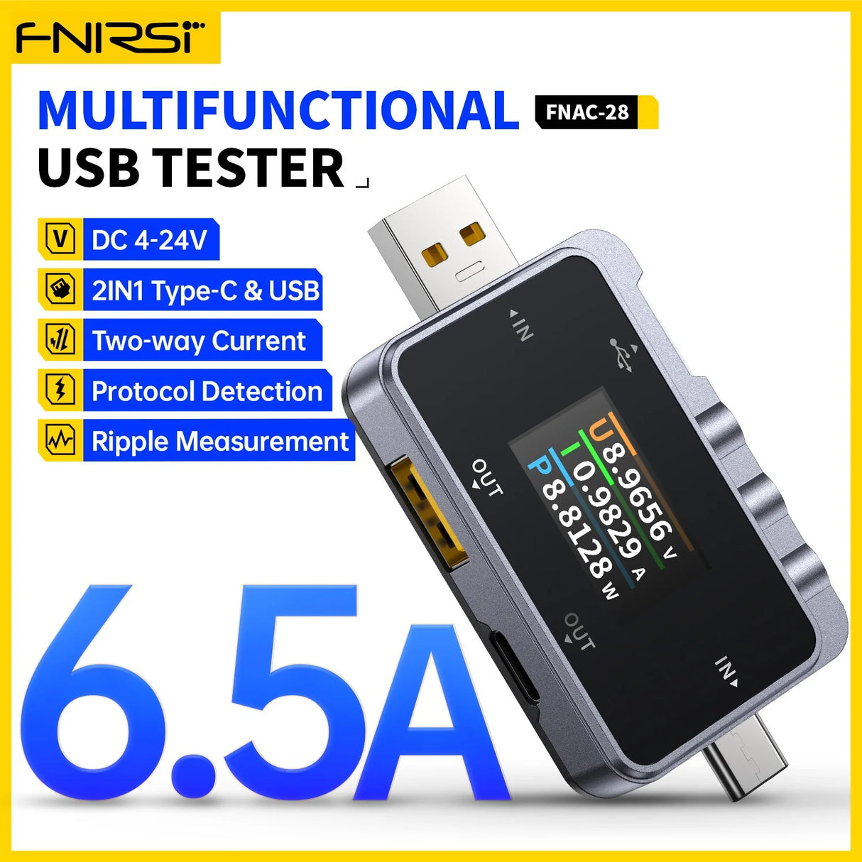 FNIRSI® FNAC-28 2-IN-1 Type-C USB Tester Digital Voltmeter Ammeter Power Bank Charger Measure
