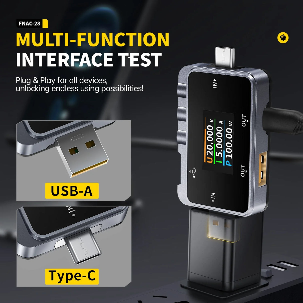 FNIRSI® FNAC-28 2-IN-1 Type-C USB Tester Digital Voltmeter Ammeter Power Bank Charger Measure