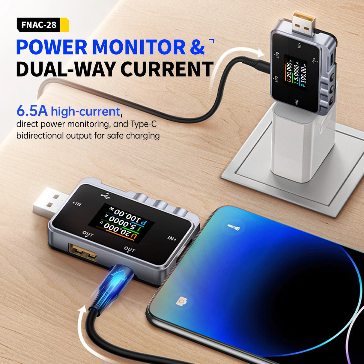 FNIRSI® FNAC-28 2-IN-1 Type-C USB Tester Digital Voltmeter Ammeter Power Bank Charger Measure