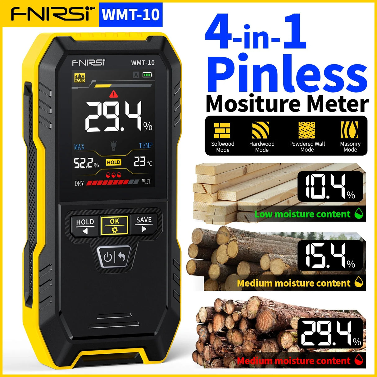 FNIRSI® WMT-10 Non-contact Inductive Wood & Wall Moisture Meter Hygrometer