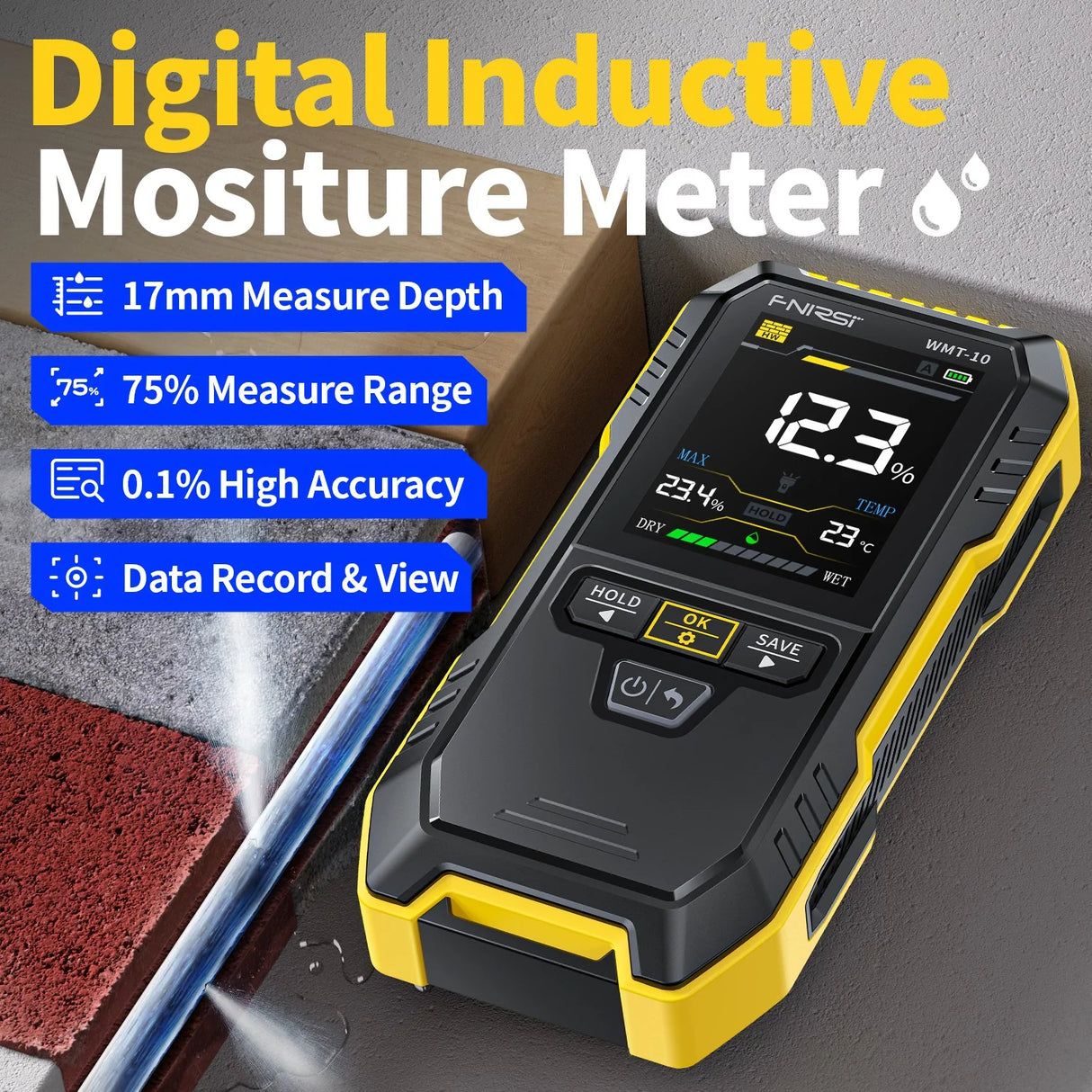 FNIRSI® WMT-10 Non-contact Inductive Wood & Wall Moisture Meter Hygrometer